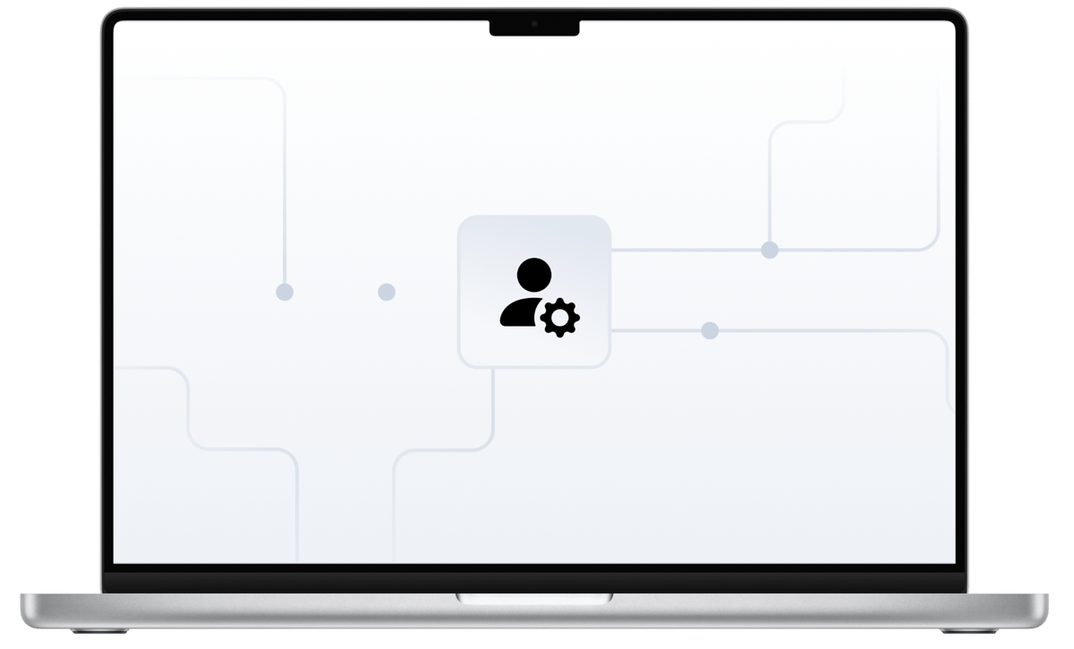 En MacBook Pro som viser en minimalistisk hvit skjerm med et enkelt ikon i midten - en stilisert person med et tannhjul-symbol. Ikonet er koblet til flere subtle linjer og punkter som danner et enkelt nettverksmønster på den hvite bakgrunnen.