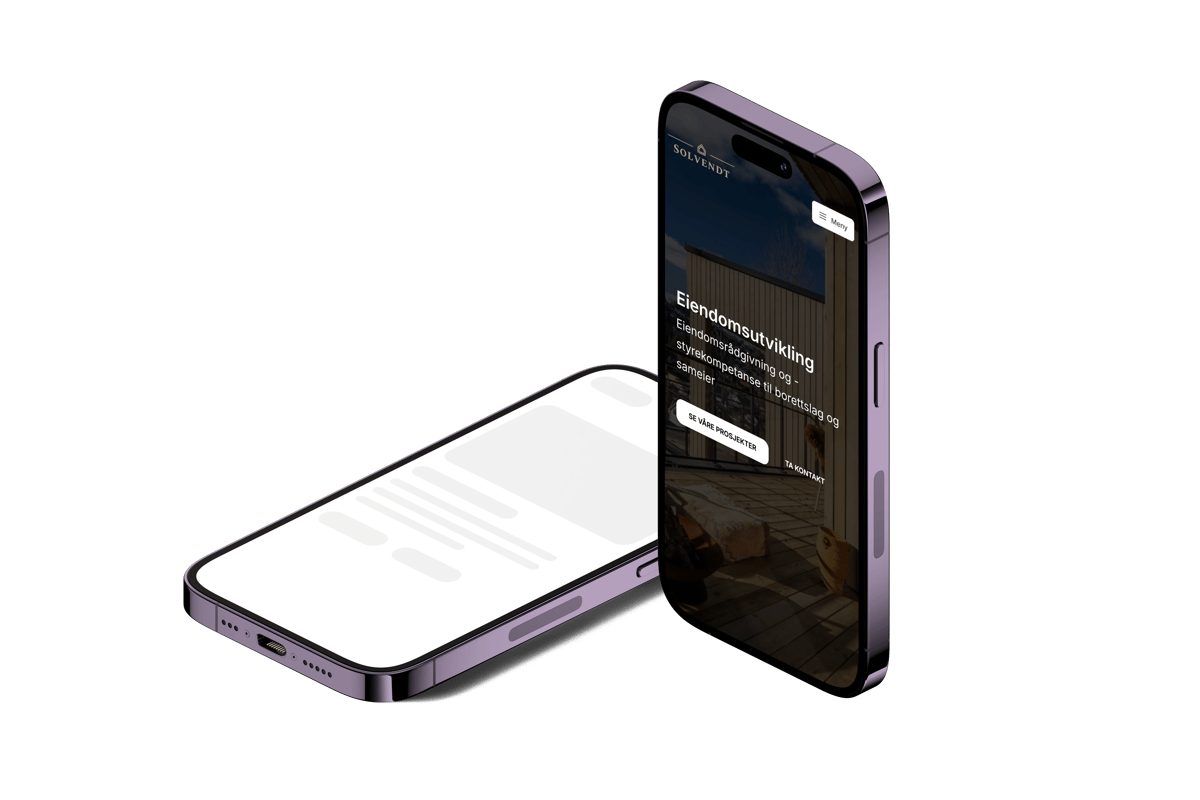 To iPhones i isometrisk perspektiv, en liggende og en stående, som viser Solvendt sin nettside. Telefonene har mørk metallisk finish og viser samme innhold om eiendomsutvikling som i forrige bilde.