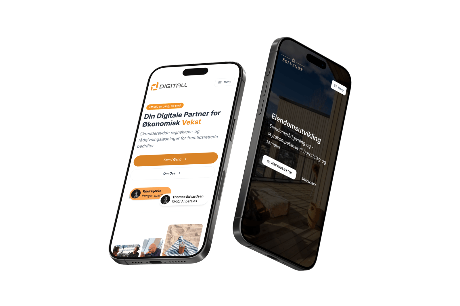 To iPhone-skjermer på svart bakgrunn med grønne bølgelinjer som dekorative elementer. Venstre telefon viser en bedrift sin hjemmeside med overskriften 'Din Digitale Partner for Økonomisk Vekst' med oransje knapper. Høyre telefon viser Solvendt sin mørke hjemmeside om eiendomsutvikling.